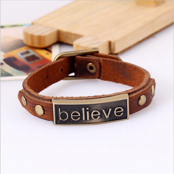 Alloy Leather Bracelet "believe" Bracelet Wristband For Women Men