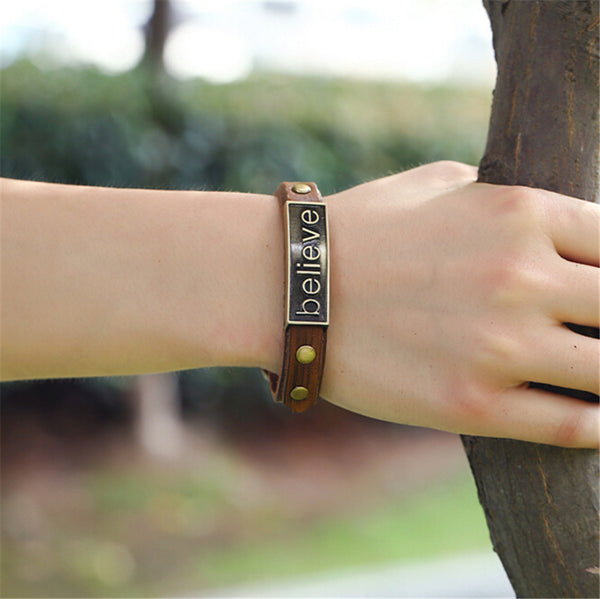 Alloy Leather Bracelet "believe" Bracelet Wristband For Women Men