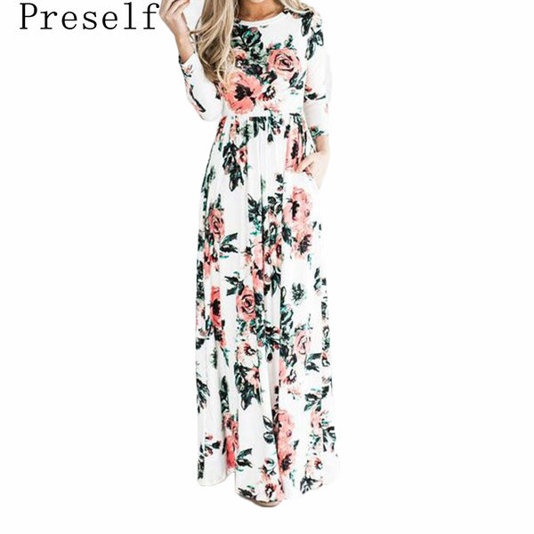 Preself Fashion Floral Printed Long Dress Women Casual O-Neck