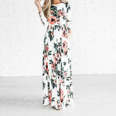 Preself Fashion Floral Printed Long Dress Women Casual O-Neck