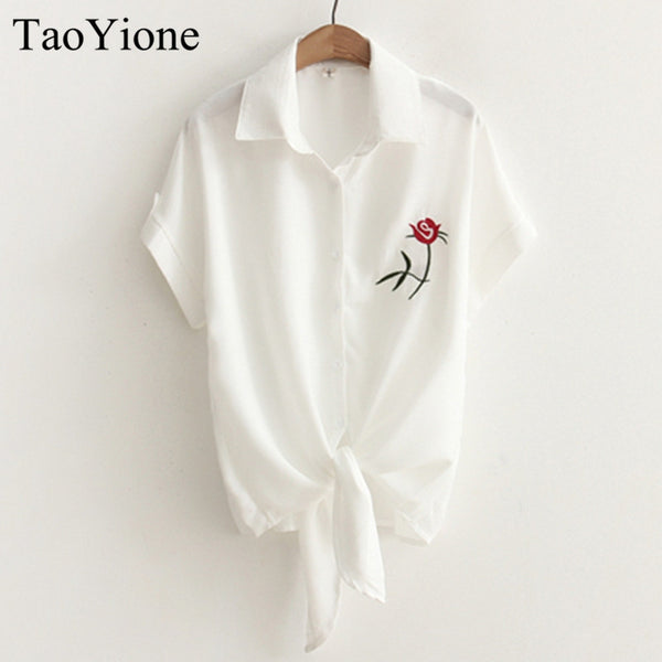 Short Sleeve Embroidered White Top Blouses